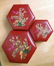 Set 3 Plastic Nesting Hexagonal Trinket Boxes Floral Motif Thailand 4 3/4" wide