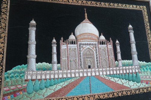 VINTAGE VERY FINE HANDMADE ZARDOZI EMBROIDERY TAJ MAHAL TAPESTRY INDIA MOSQUE - Picture 9 of 10