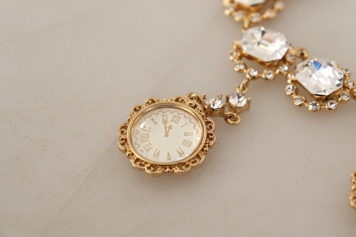 DOLCE & GABBANA Necklace Chain Crystal Clock Statement Gold