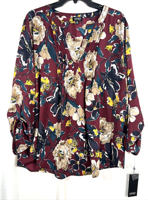 Jones New York Women's XL Bordeaux Maroon Floral Top Long Sleeve NEW w/ Tags