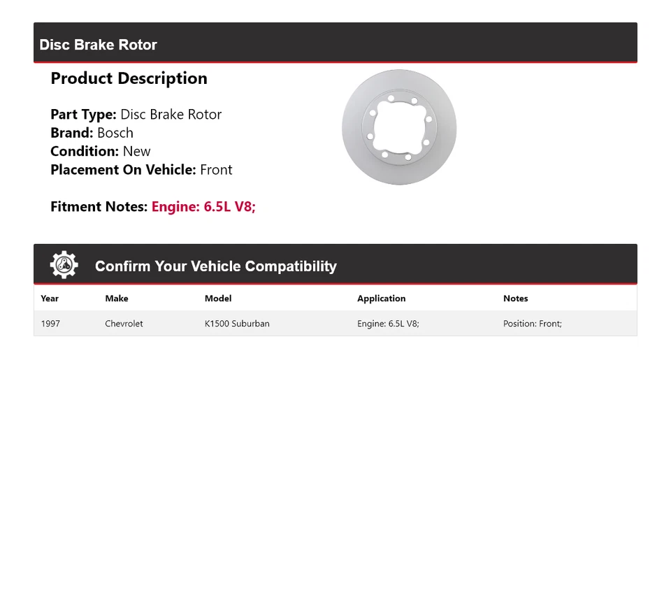 Para Chevrolet K1500 Suburban 1997 6,5 L V8 Bosch QuietCast freno de disco rotor delantero Foto 2 de 4