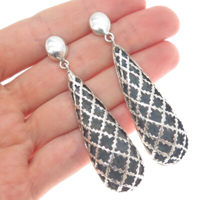PLATELLA 950 Silver Vintage Fence Teardrop Oxidized Dangle Earrings