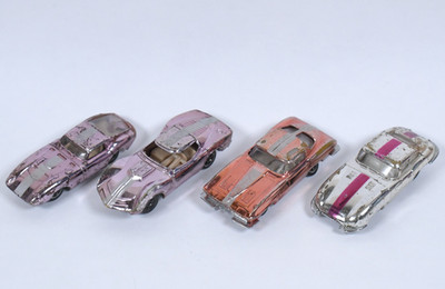 4x Vtg Aurora ''Cigar Box'' Cars Metallic Paint Jaguar Stingray Cobra & Maco Shark