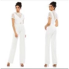 Mac Duggal White Belted Illusion Sheer High Neck Cap Sleeve Jumpsuit Size 6