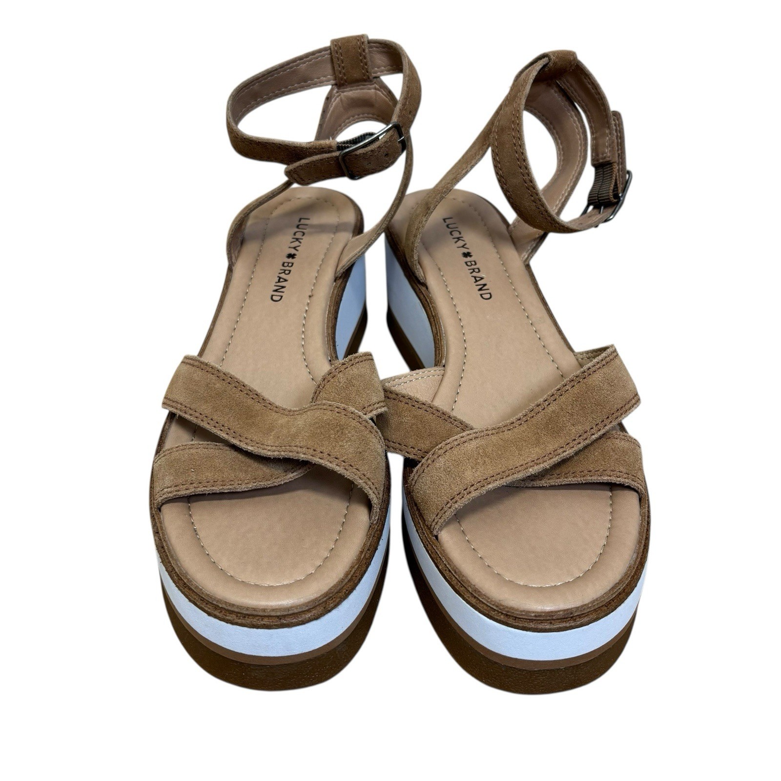 Women’s Lucky Brand Suede Buckle Wedge Sandal Tan White Size 9.5 0439