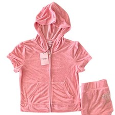Juicy Couture Pink Bling Velour Tracksuit Set Short Sleeve Hoodie Shorts NWT