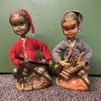 Tislo Pixie Musical Figurines Set of 2 Gold-Tone Painted Wood 1960s