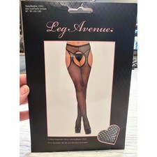 Leg Avenue 1941 Black Fishnet Suspender Hose Scalloped Trim One Size NIB