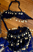Small Women&rsquo;s Blue Belly Dance Costume Set Mesh Top Coin Trim Sequined Geometric