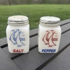 Vintage Milk Glass Hoosier Salt & Pepper Set Sailboat Design 4” Range Shakers