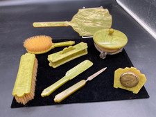 Antique Art Deco Green Marbled Bakelite La Comtesse Agalin 8 Pcs Vanity Set