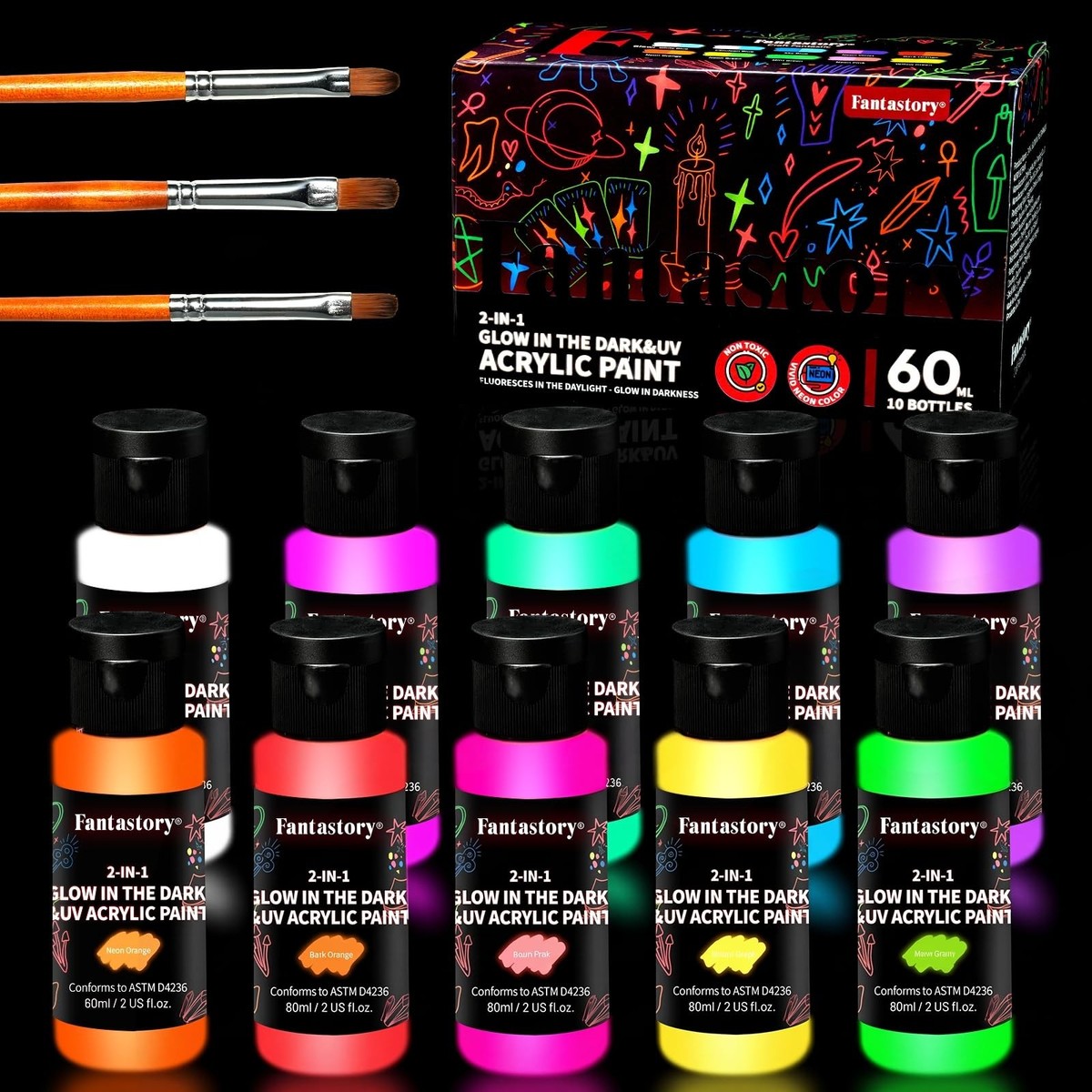 Fluorescent Glow in the Dark Paint,60ml /2oz,Neon Colors Glow