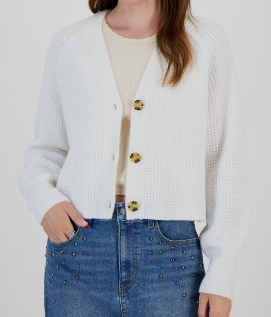 Hippie Rose Women's White V-Neck Button Front Cropped Cardigan Juniors Size L