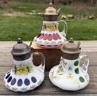 Vintage Cut To Color Milk Glass Syrup Pitchers Floral Decorated W/ Metal Tops