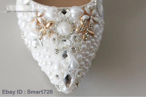 Women's Ponty Toe Pearl Beads Diamante Tassel High Heel Pump Wedding Shoes - Picture 3 of 13