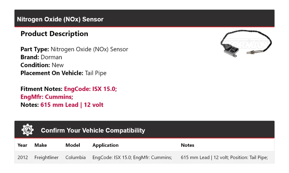 Tubo de escape sensor de óxido de nitrógeno (NOx) Freightliner Columbia Dorman 2012 Foto 2 de 4