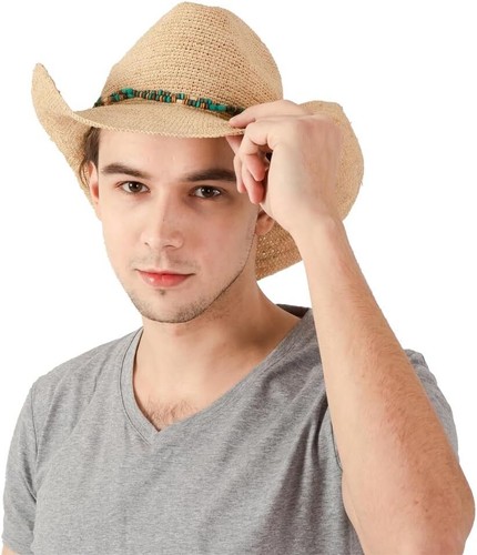 NAMANANA Raffia Straw Cowboy Hat,Women's Crocheted Summer Large, Natural - Picture 6 of 7
