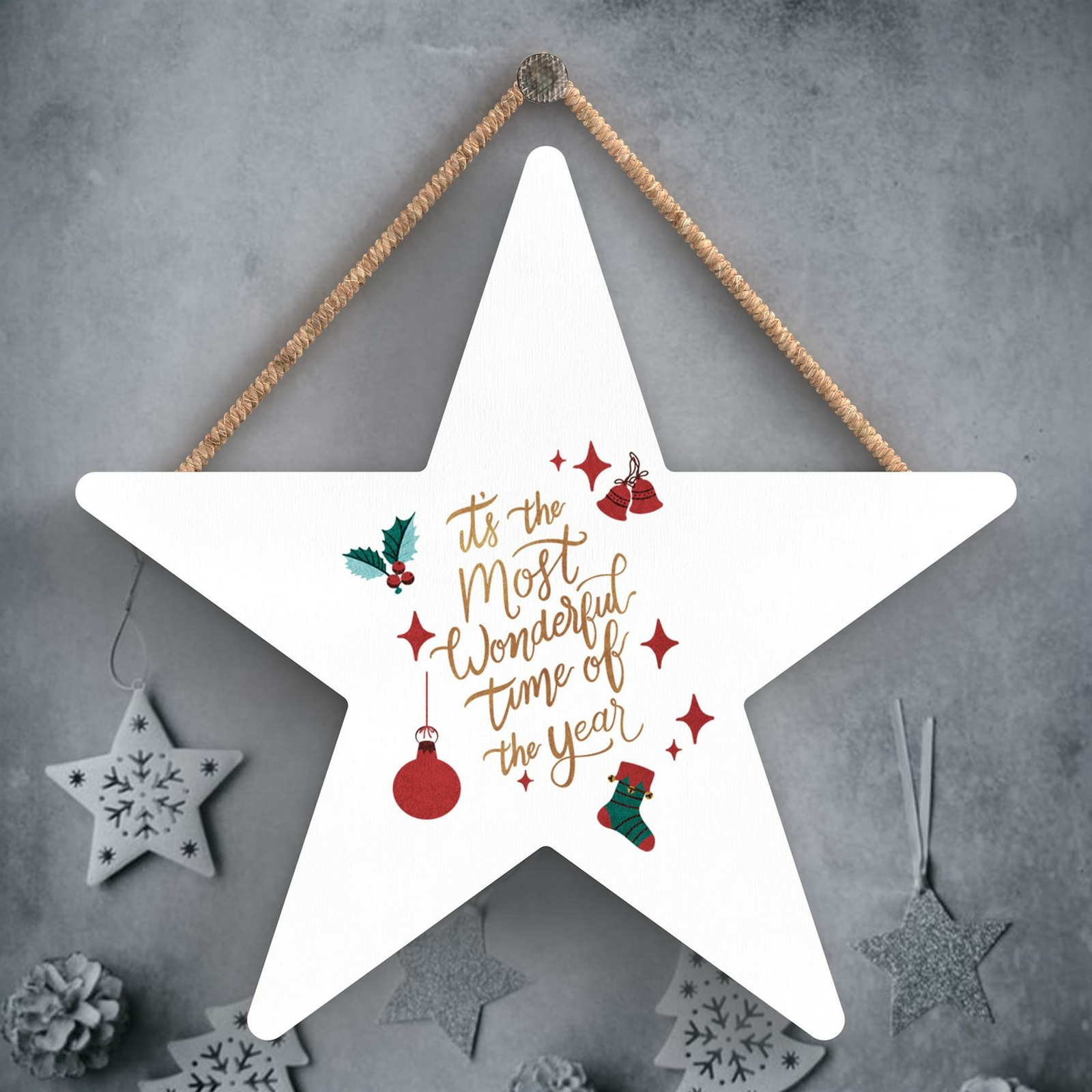 MOST WONDERFUL TIME RED AND GREEN TYPOGRAPHY ON A STAR SHAPED PLAQUE