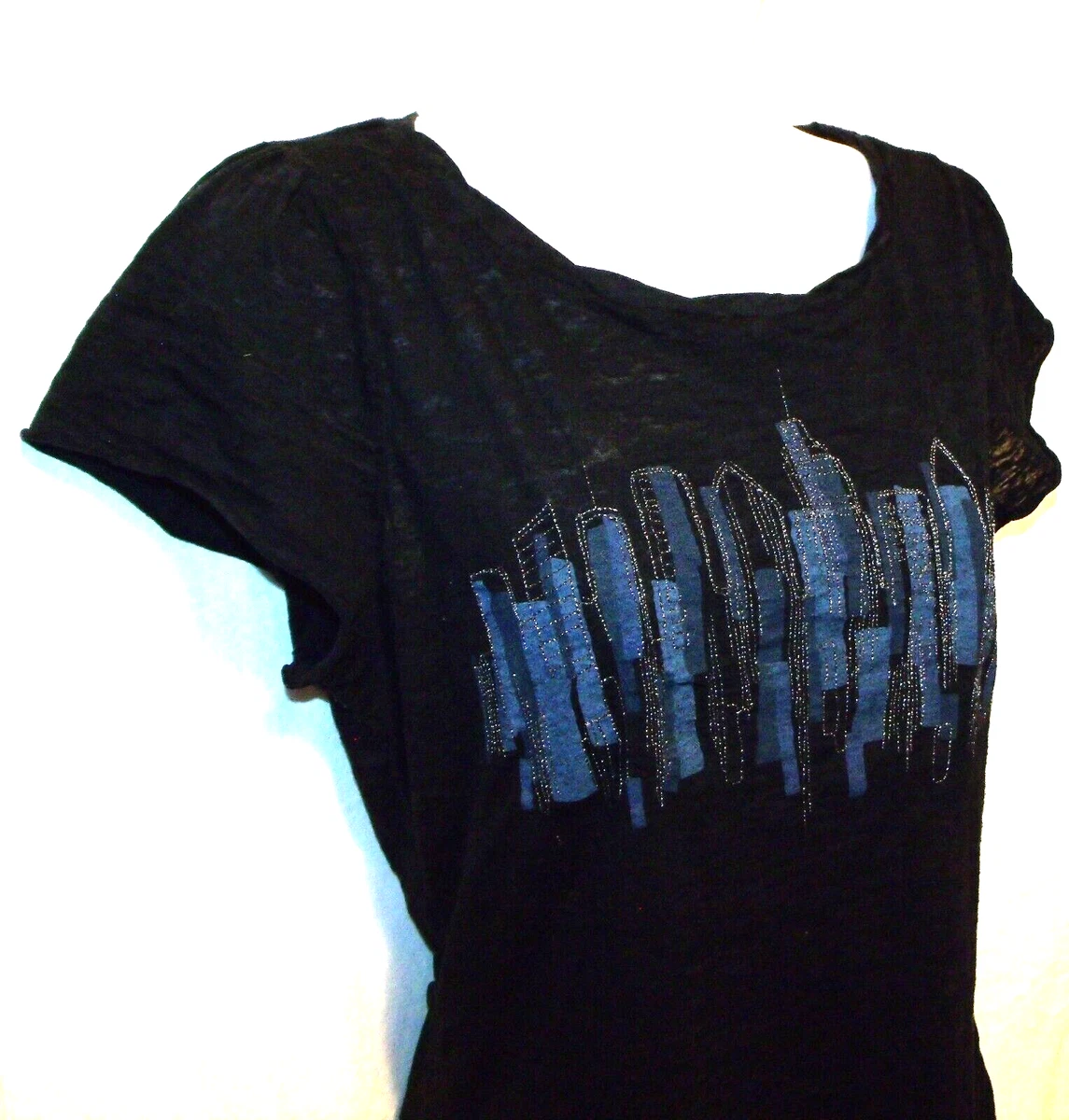Y2K Donna Karan DKNY JEANS black burnout baby t shirt top NYC skyline metallic M