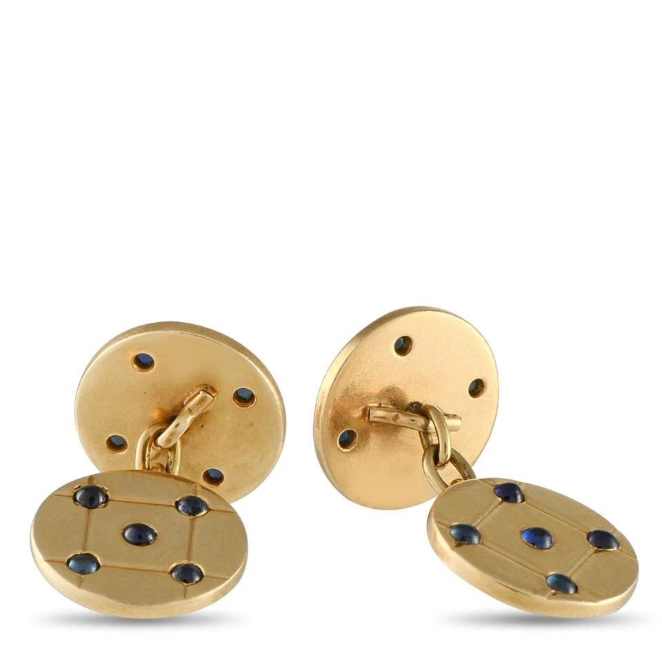 Gemelos Cartier Vintage Oro Amarillo 18K Cabujón Zafiro Cadena Foto 3 de 4