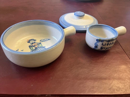 MA Hadley  Pottery Handled Crock Bean Soup Bowl & Lid / Little Dipper