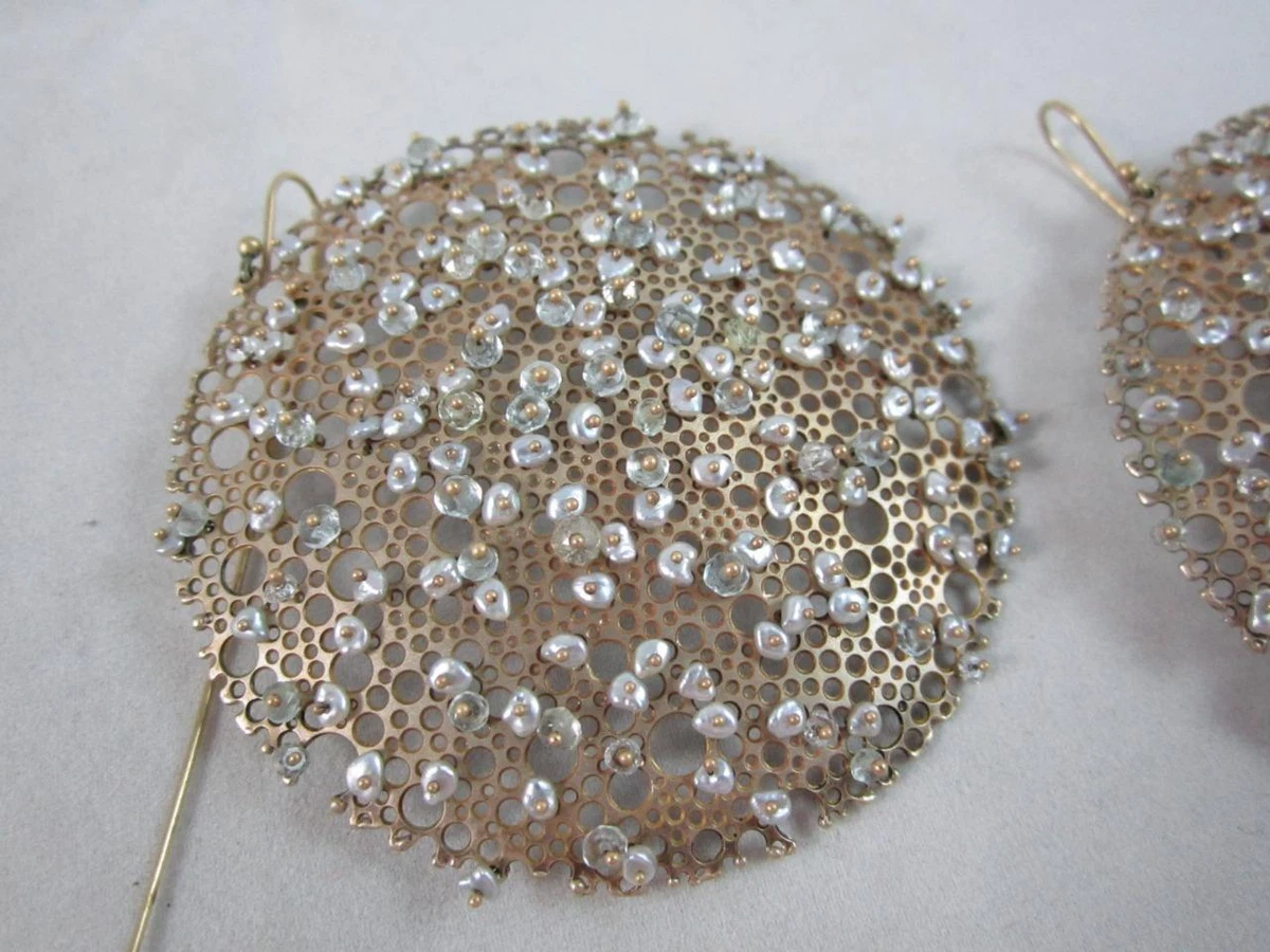 TED MUEHLING 14k Gold Large Queen Annes Lace Earrings w Uncut