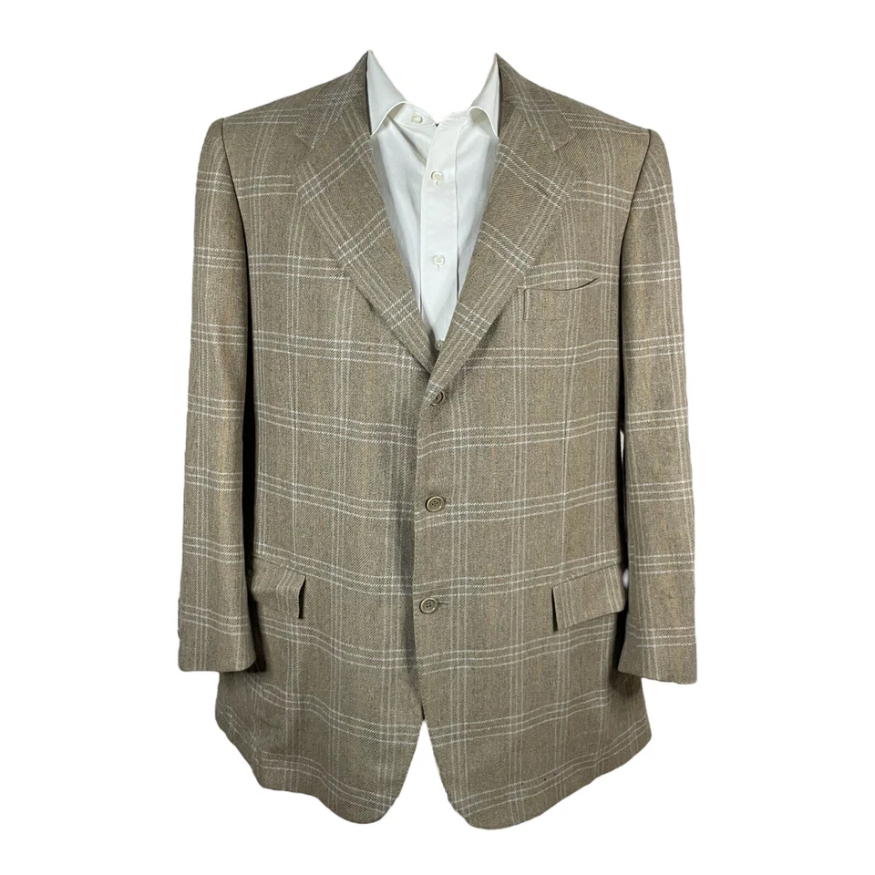 Abrigo Blazer Deportivo Kiton Napoli Para Hombre 54L Beige Verde Tartán Cachemira Tres Botones Foto 2 de 4