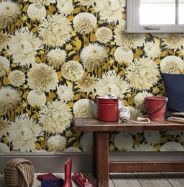 Обои цветочный георгин фигурка цветок черный / золото на Арлекин, 60 кв футов болт - Изображение 2 из 4