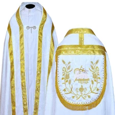 New White Cope & Stole Set with Agnus Dei embroidery, Capa Pluvial, Far Fronte