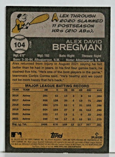2022 Topps Heritage Alex Bregman Image Variation SP #104 Astros - Picture 2 of 2
