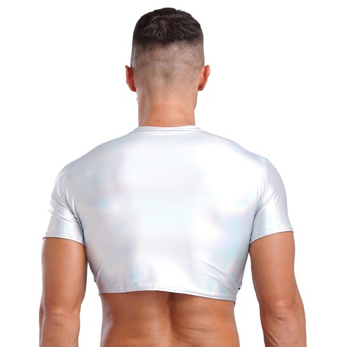 Mens Crop Top Stage Performance Tank Disco T-Shirt Short Sleeve Clubwear Basic - Picture 18 of 66