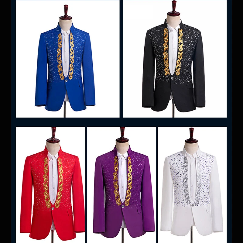 Men Embroidery Rhinestone Suit One Button Blazer Jacket Coat Business Party Suit
