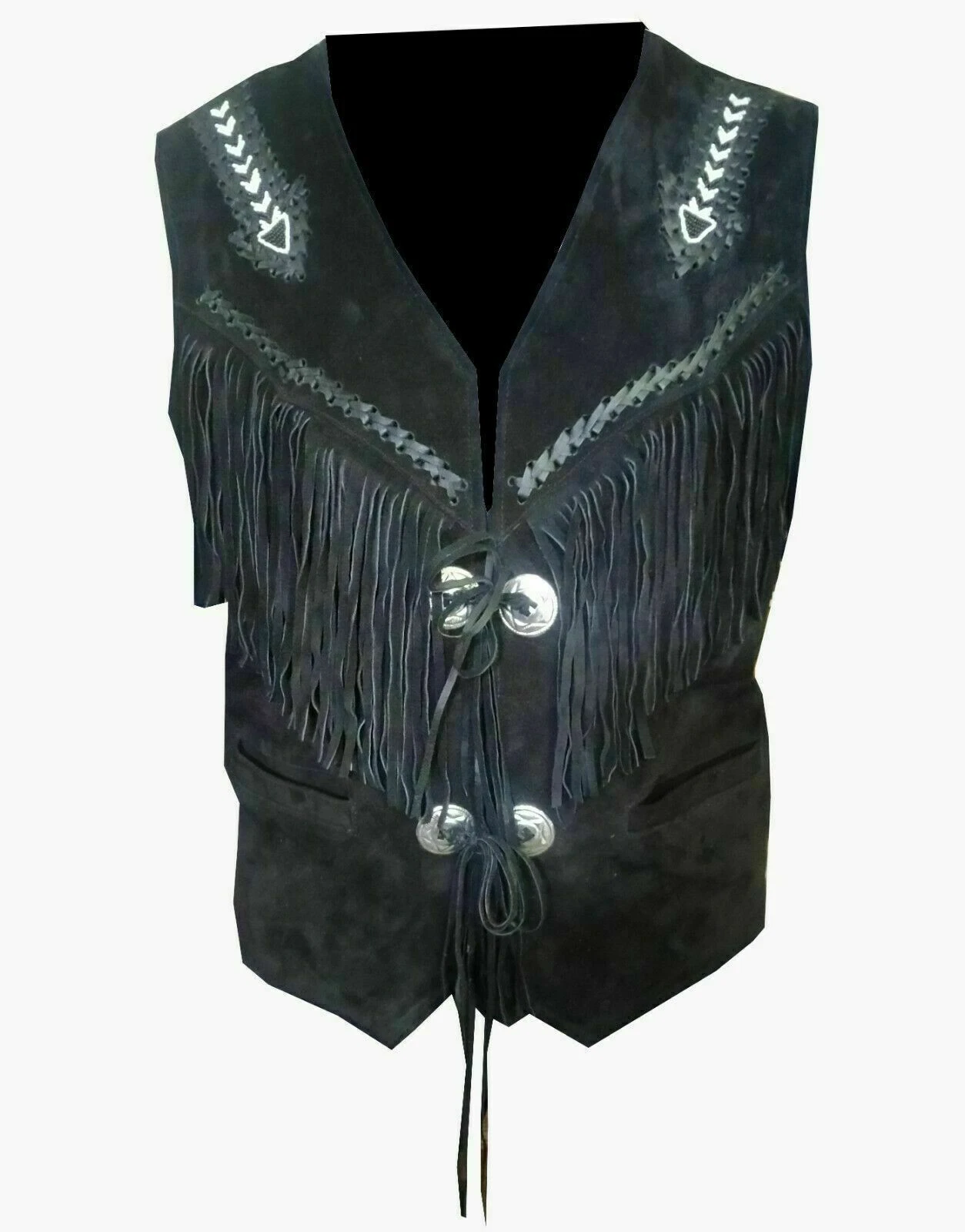 Men Black Cowboy Suede Leather Western Style Vest Fringed & Beaded - Waistcoat