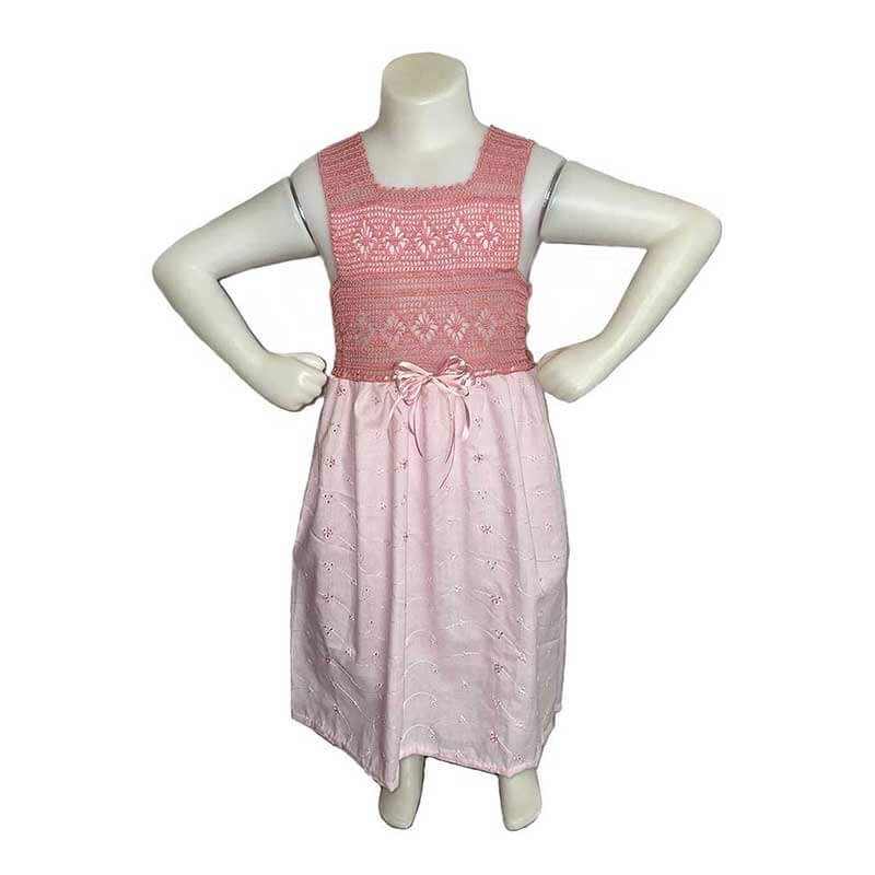 Girl Dress Cotton Embroidery Fabric Crochet Handmade -Pink Color