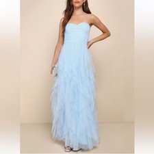 Lulus Delightful Beauty Blue Mesh Strapless Ruched Ruffled Maxi Dress Medium