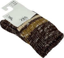 Zara Baby Brown Crew Cotton Cushion Chunky Cable Knit Stripe Cozy Socks Sz 2-3.5