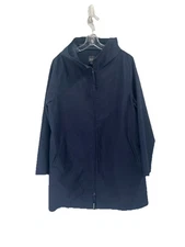 Eileen Fisher Long Line Seersucker Hooded Jacket Navy Blue Quiet Luxury Sz S