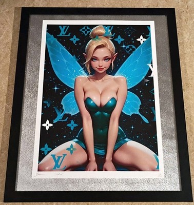 DEATH NYC ltd signed FRAMED art print 45x32cm Tinkerbell naughty Disney fairy
