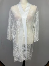 Rya Collection Sz XS/S Ivory Darling Sheer Embroidered Lace Short Wrap Robe