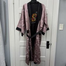 Unisex XL Reversible Satin Kimono Robe Dragon Embroidered Pink Black