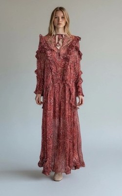 $330 Misa Los Angeles Persephone Maxi Dress Paisley Red Womens Sheer Boho NEW XS