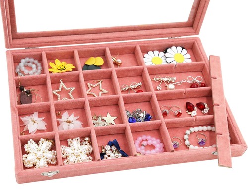 Schmuck Organizer Samt Schmuck Tablett 24 Gitter Schmuckkästchen mit Deckel Stapelbar... - Bild 3 von 7