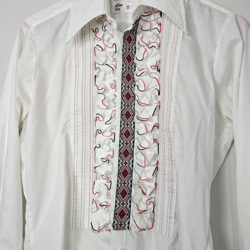 Vtg After Six Men’s Tuxedo Shirt 14.5x32 (Modern Small) White Ruffle 70s Disco - Image 2 of 4