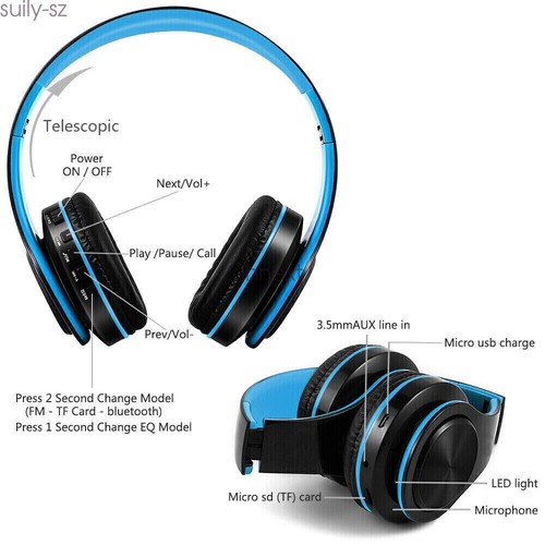 HI-FI Stereo Wireless Bluetooth Headset Foldable Headphones Over Ear With Mic - Picture 6 of 9