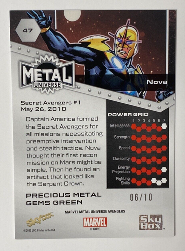 2024 Skybox Metal Avengers GREEN PRECIOUS METAL GEMS NOVA PMG #47 6/10 - Picture 2 of 2