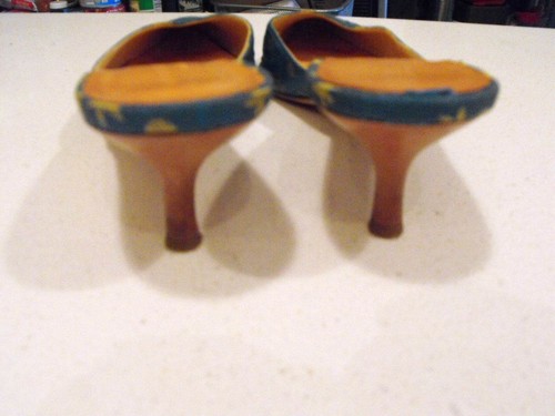 Whimsical STUBBS & WOOTTON Aqua/Yellow Silk Heeled Mules 8M - 第 5/5 張圖片