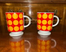 1960’s 2 Pedestal Coffee Cups C Handle Ceramic White Red & Yellow Polka Dots MCM