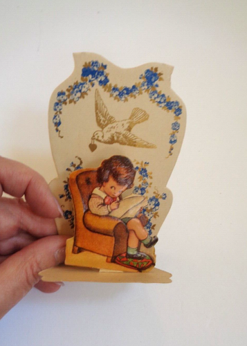 VINTAGE GERMAN STAND UP VALENTINE A TOKEN OF AFFECTION SMALL BOY/DOVE - Picture 2 of 4
