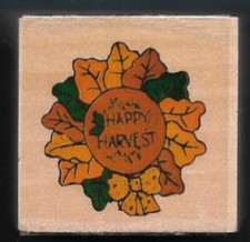 HAPPY HARVEST LEAF WREATH Bow FALL Word WESTWATER ENTERPRISES Wood RUBBER STAMP