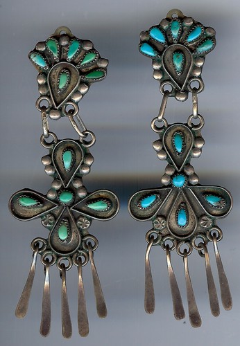 GREAT HUGE VINTAGE ZUNI SILVER MULTI TURQUOISE CLIP ON DANGLE EARRINGS